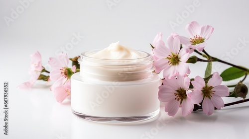 whitening and moisturizing Face cream in an open glass jar and flowers on white background. Set for spa  skin care and body products and solutions for skin problems such as scars  acne  wrinkles.