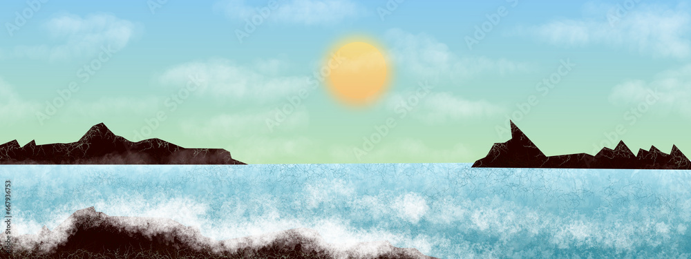 sun landscape with watercolor sea coast sea