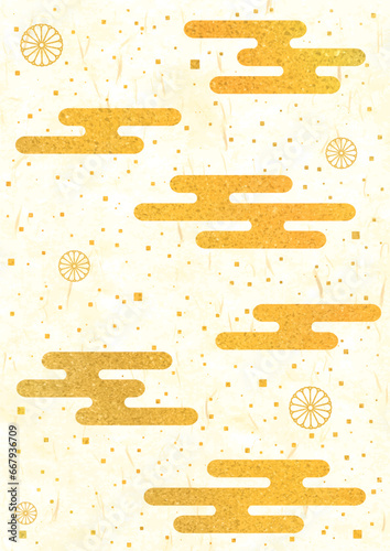 和紙に金のエ霞模様と菊などを散りばめた背景-縦型