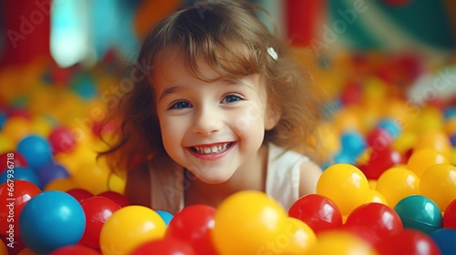 little girl with brown hair smiling in a colorful pool