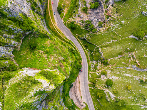 Top Down over Cliff Road in Cheddar Gorge and Caves, Cheddar Gorge, Somerset, England
