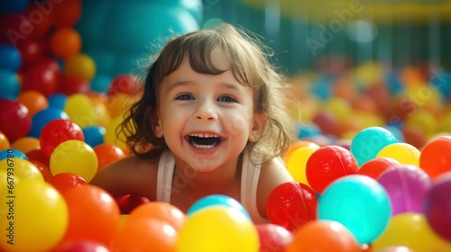 little girl playing in a ball pit with many colors, red, green
