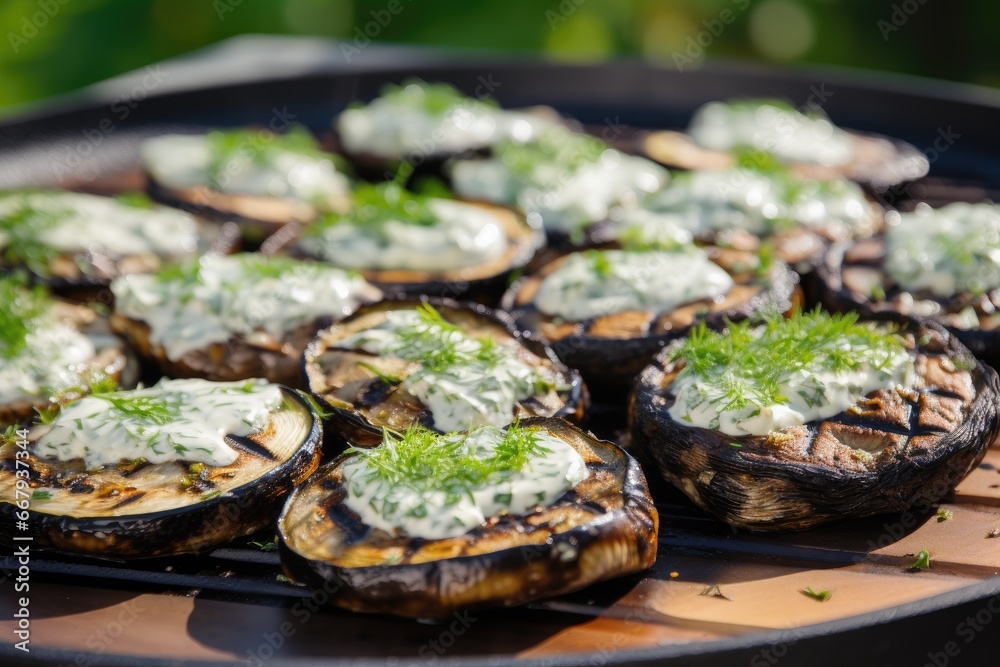 Grilled Portobello mushrooms filled with herbed cream cheese. Grilled Portobello mushrooms filled with herbed cream cheese.