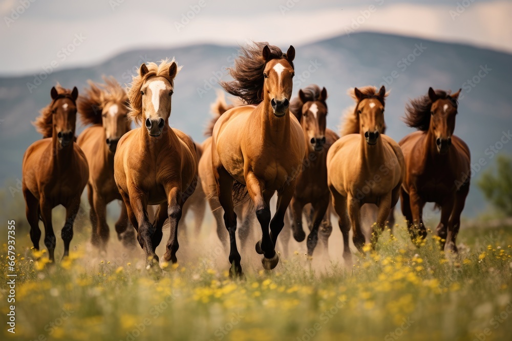 Group of wild horses galloping across a meadow. Group of wild horses galloping across a meadow.