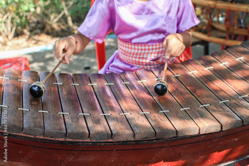 Asian boy play xylophone instrument music performance in ceremony ...
