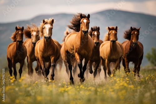 Group of wild horses galloping across a meadow.