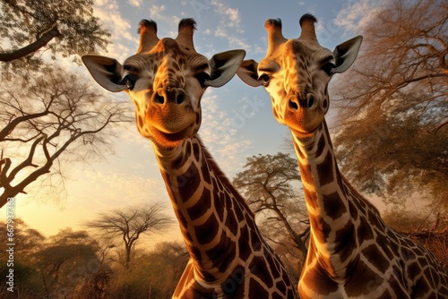 Graceful giraffes stretching necks to reach treetops.