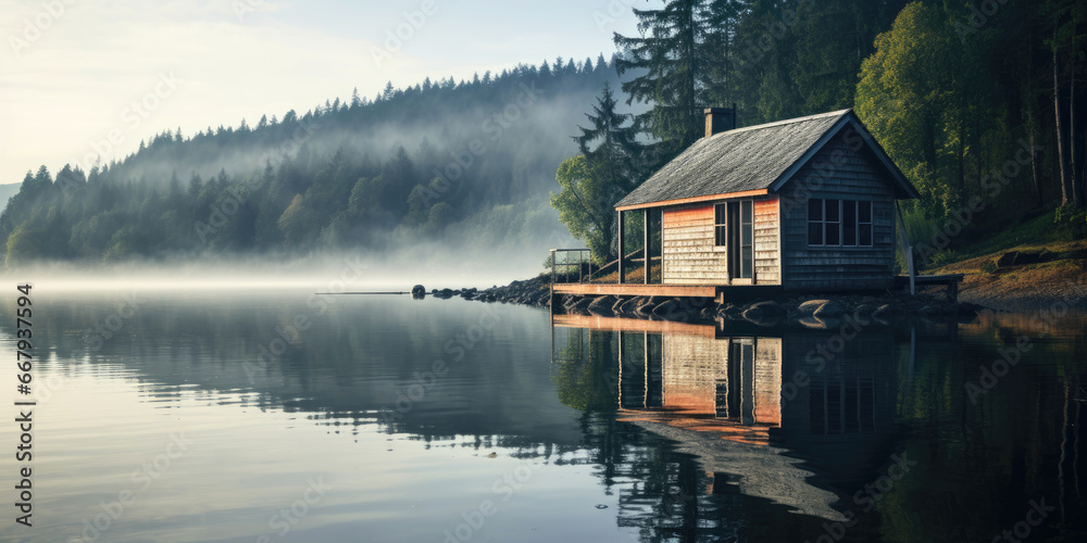 Vintage wooden boathouse on a calm Lake