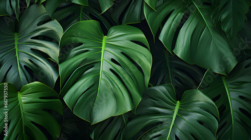 Green Monstera Deliciosa and Swiss Cheese plant texture pattern background