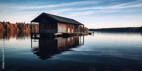 Vintage wooden boathouse on a calm Lake © piai