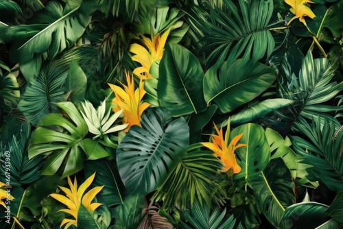 Lush tropical environment filled with green monstera, yellow blooms, and various plants. © Postproduction