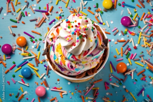 Colorful ice cream with sprinkles in paper cup on blue background surrounded by candy.