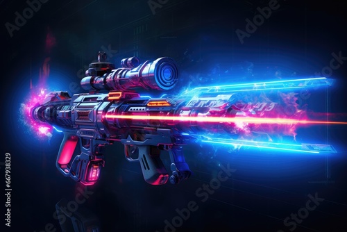 Neon lit high tech weapon discharging luminous projectile. Advanced military equipment.