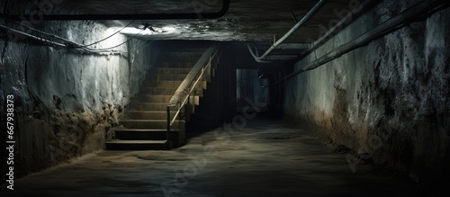 Soviet military bunker s old abandoned underground corridor with a staircase leading to the surface