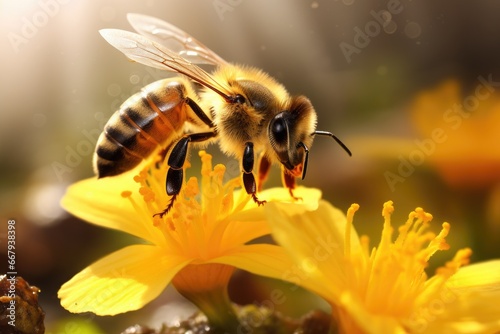 Honeybee on a flower, pollination and balanced ecosystem concept.