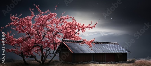 Solar panels installed behind plum tree on barn roof photo