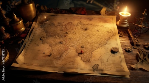 treasure map surrounded by ancient objects, illuminated in high quality