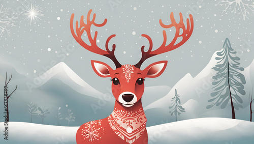 A Festive Winter Scene Featuring a Cozy Deer decorated with Scandinavian ornaments, Heartwarming Minimal Vector Christmas Card for Season's greetings in Scandinavian Style, Holiday Season, Xmas © SeasonalStories365