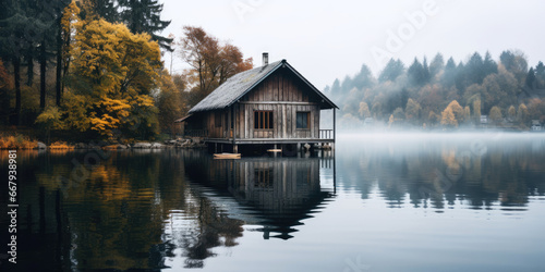 Vintage wooden boathouse on a calm Lake
