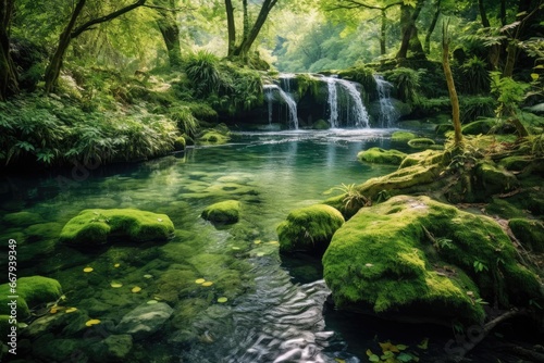 Natural springs in a forest, freshwater source and conservation.