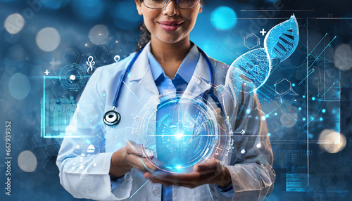 Medical technology network, Medicine doctor holding electronic medical record on hologram modern virtual. medical research. DNA. Analysis and diagnose, Digital healthcare, Futuristic of healthcare photo