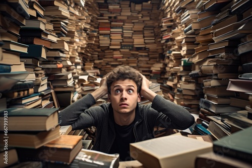 Overwhelmed student amid stacks of books. photo
