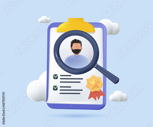 Office workers job list, list of job applicants. Human resource, find the job. Concept of choice of worker or personnel, staff recruitment or employee hiring. 3D cartoon colorful vector illustration