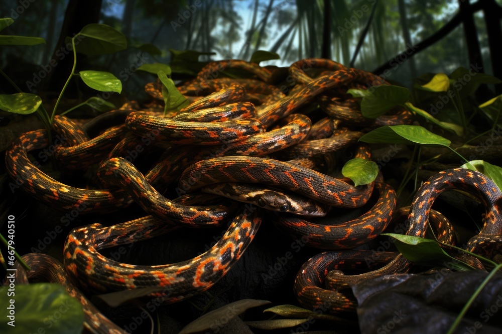 Snakes slithering in a dense rainforest floor. Snakes slithering in a dense rainforest floor.