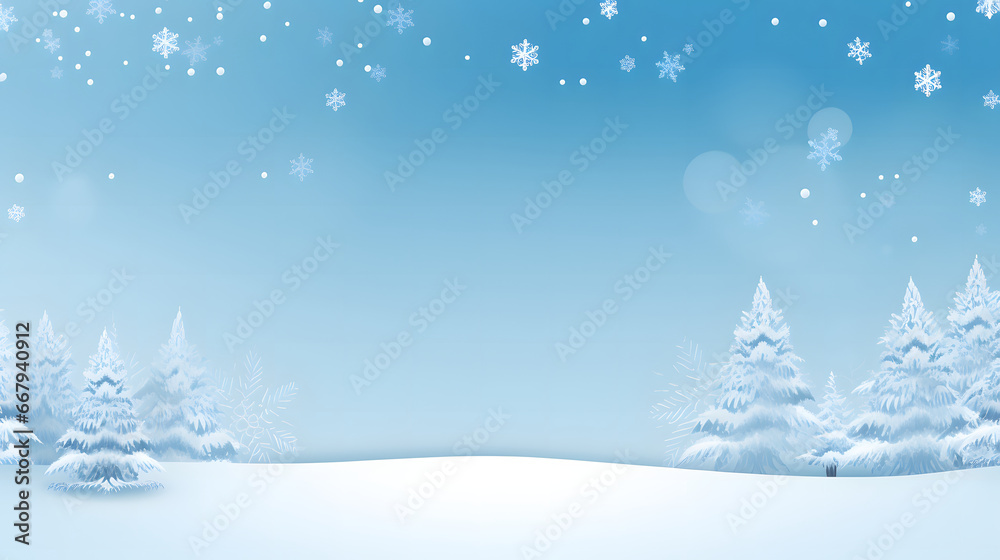 Blue winter season background with pine tree, snowfall, and snowdrift