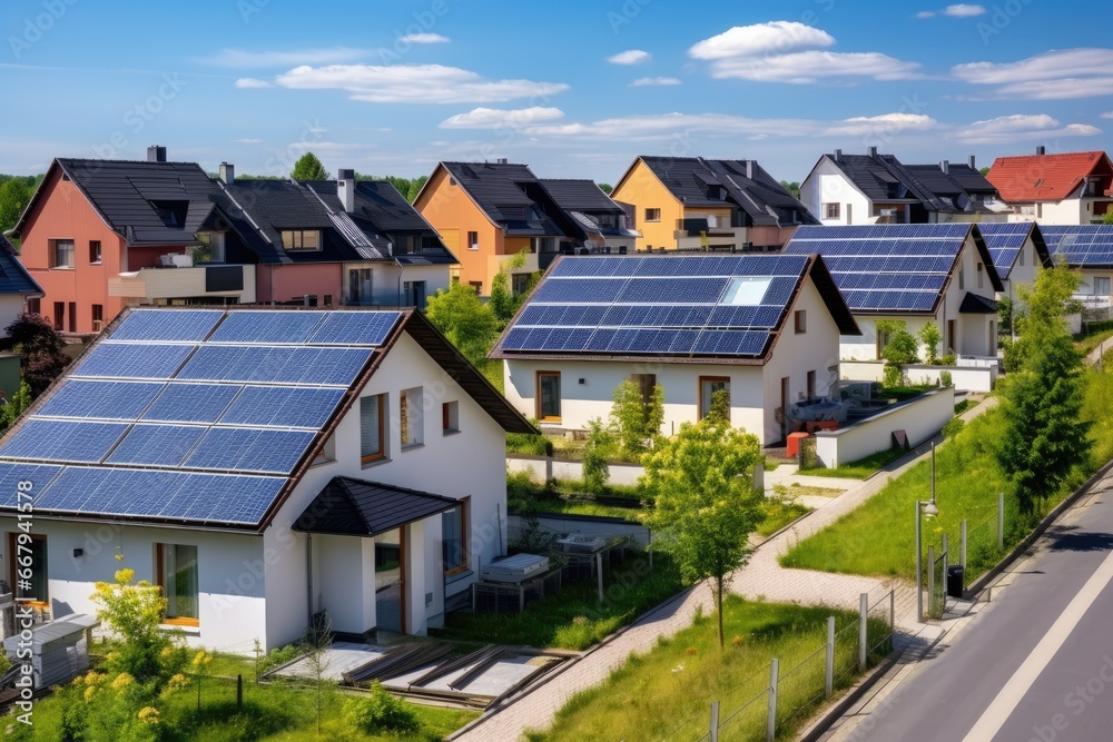 Solar panels on suburban houses, green energy concept.