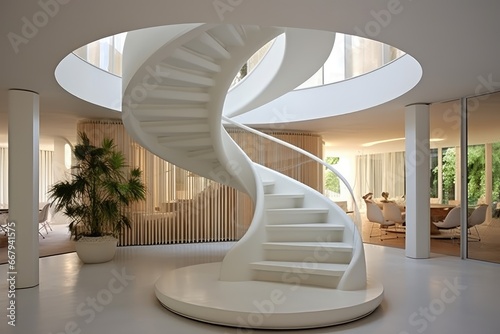 Spiral staircases in interiors emphasizing vertical space and design intricacy.