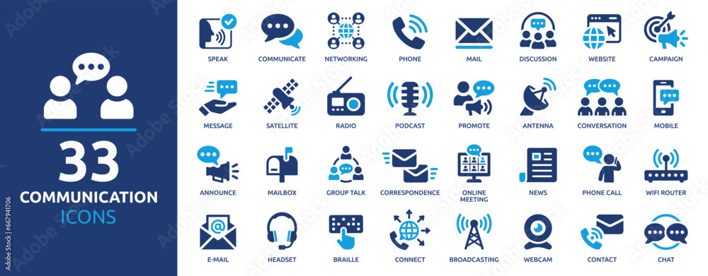 Communication icon set. Containing speak, phone, mail, contact, chat, website, satellite, radio, antenna, message and more. Solid icons collection, vector illustration. - obrazy, fototapety, plakaty 