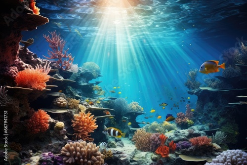Underwater scene with marine life and sun rays