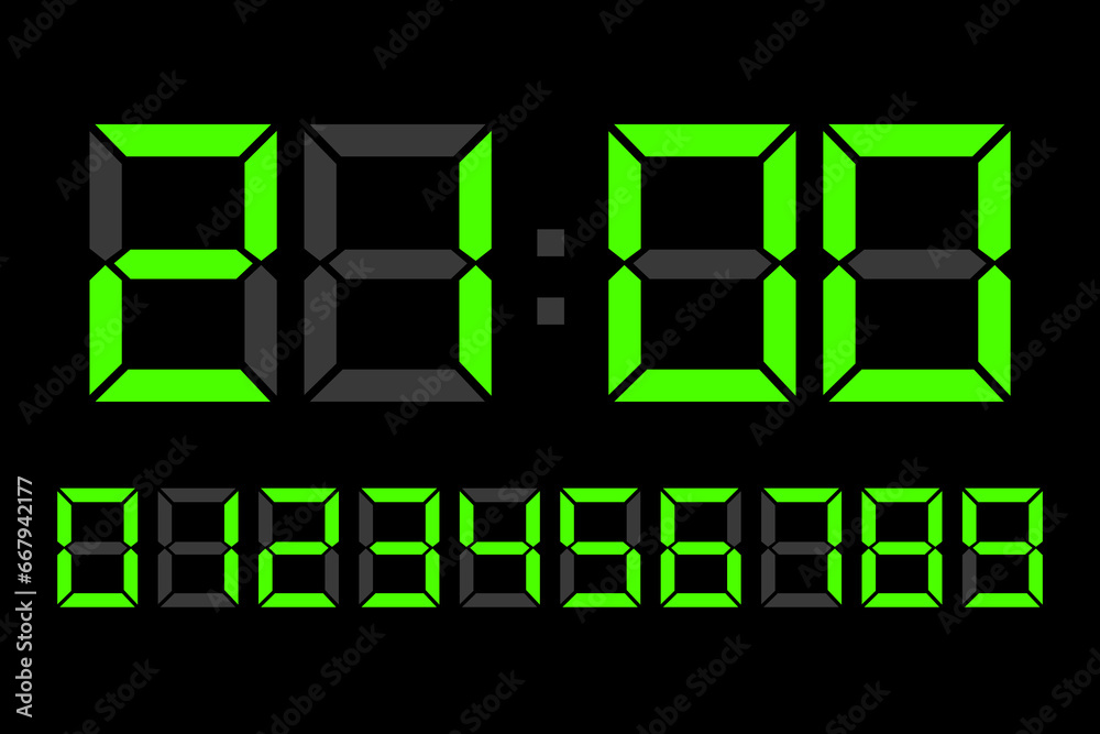 Light green Digital LED numbers. Digital clock number set. Vector illustration. EPS 10. Light green Digital LED numbers. Digital clock number set. Vector illustration. EPS 10.