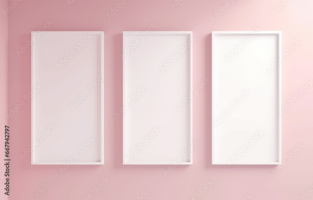 Wall picture frame on pink wall background, Three empty frames on wall from living room, print, living room interior frame, mockup