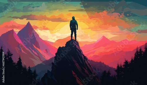 Illustration of a man standing on top of a mountain with stunning view of nature, The concept of mountain Tourism, Travel and Business concept for success