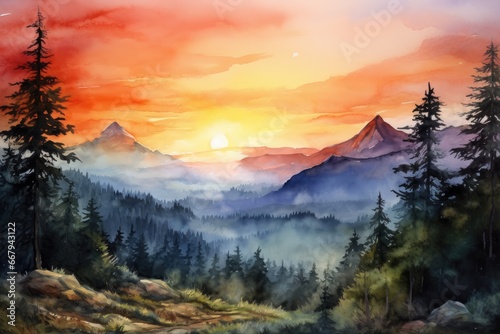 Watercolor landscape of mountain sunset.