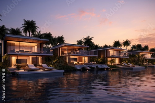 Waterfront luxury villas at sunset, highlighting leisure and exclusivity.