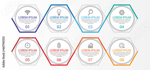 Business Infographic Template Design. Time line minimal concept with 8 options steps and marketing icons. Vector linear infographic with eight connected elements. Can be used for your business gifts