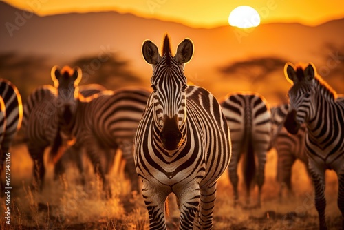Zebra herd grazing under the hot African sun.