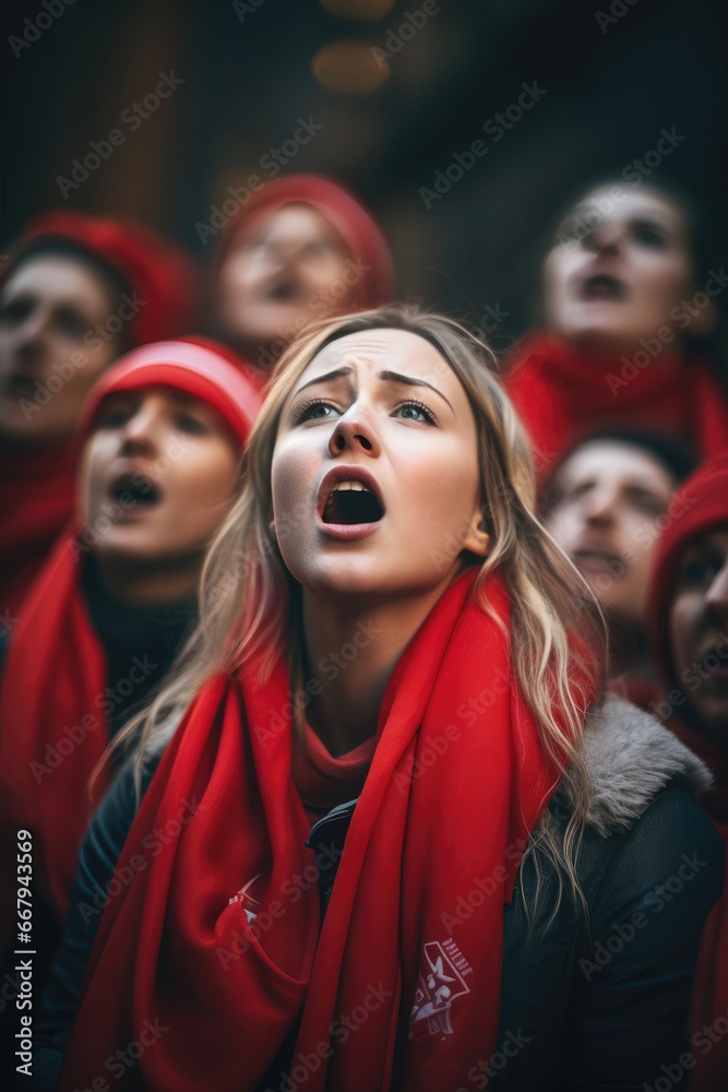 A choir of football fans girls singing their team's anthem - obrazy, fototapety, plakaty 