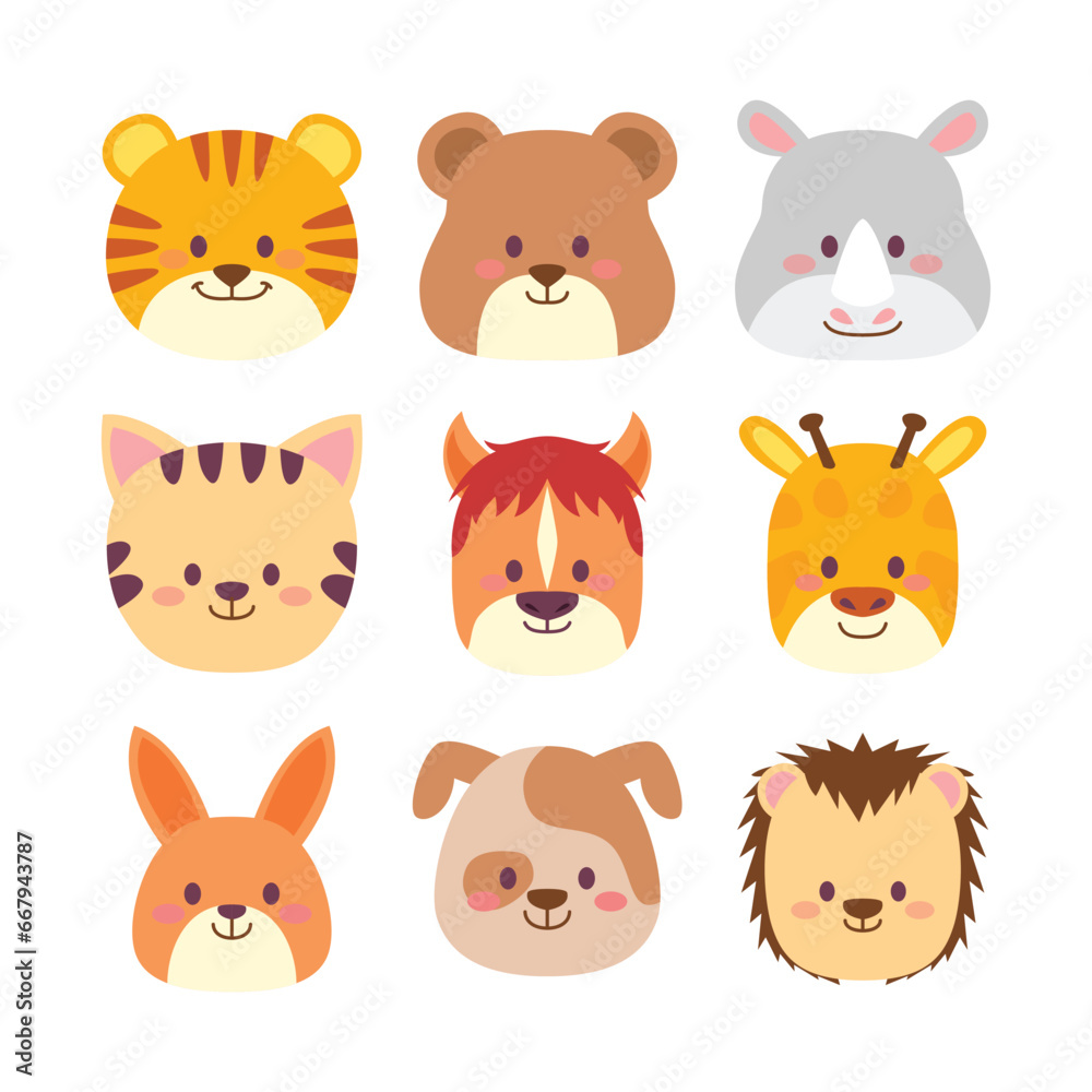Set of Cute Animal Head Cartoon. Wildlife Avatar Emoji with Tiger, Bear, Rhino, Cat, Horse, Giraffe, Rabbit, Dog and Porcupine Collection. Fauna Flat Style Icon Vector Illustration