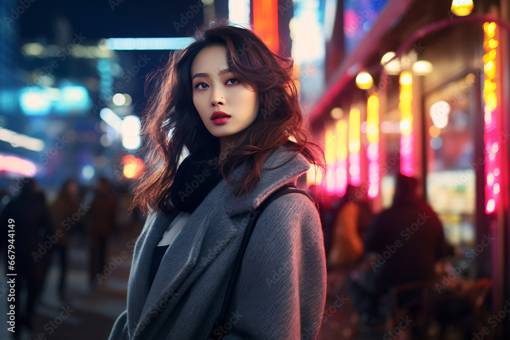 Asian girl with fashionable outfit posing in bustling city