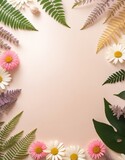   Creative layout made of flowers and leaves on pastel pink background. Flat lay, top view, copy space generative AI
