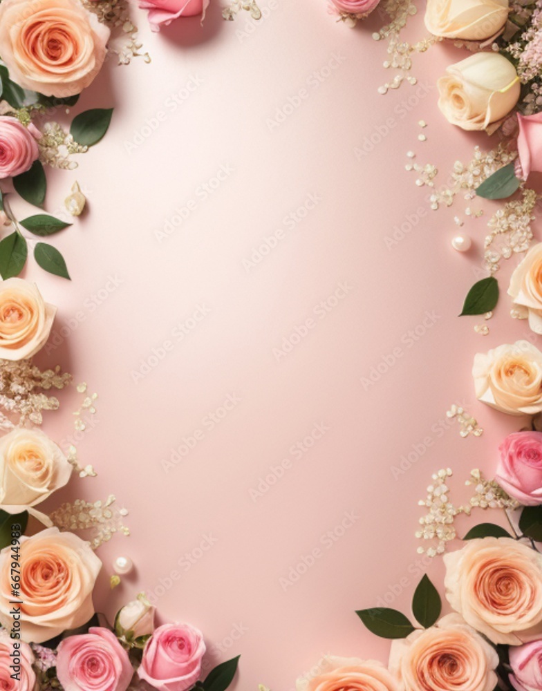 Pink and beige roses and pearls on pink background with copy space  , generative AI