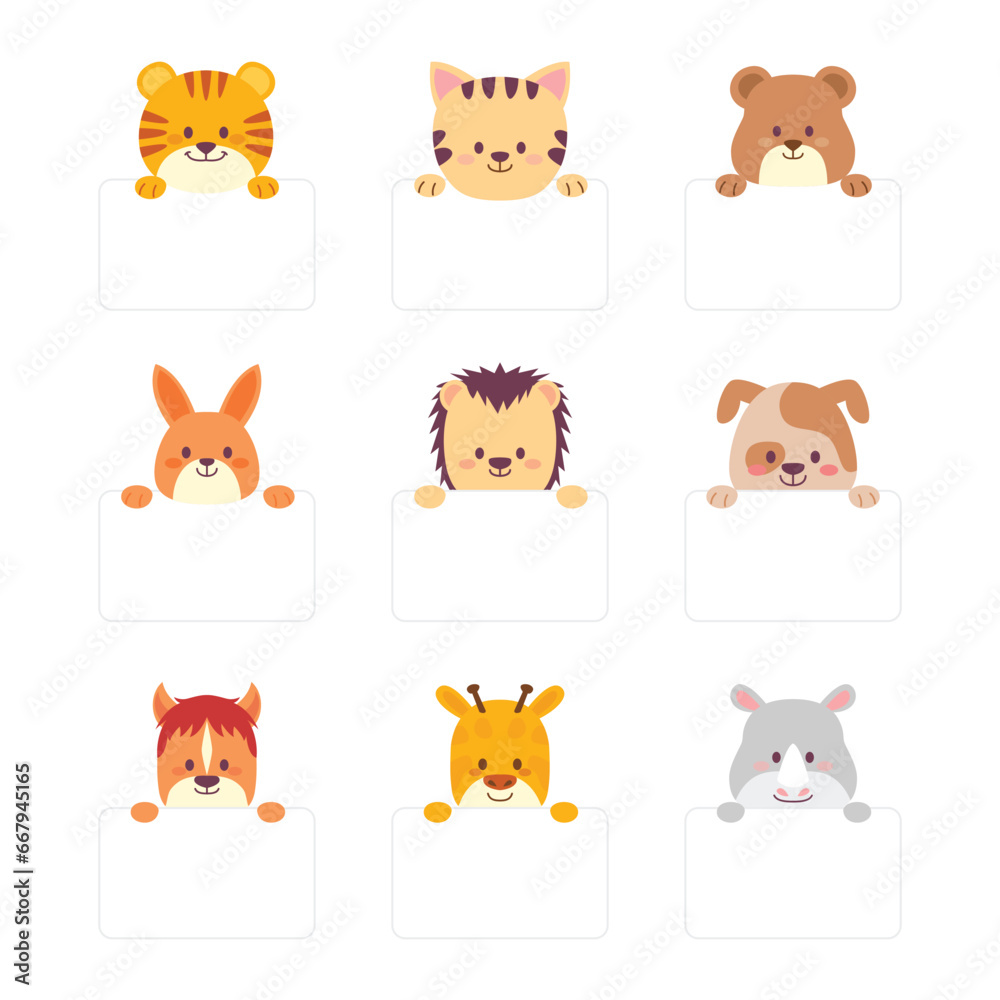 Fototapeta premium Set of Cute Animal Head Cartoon Empty Text Box Banner. Wildlife Avatar Emoji with Tiger, Bear, Rhino, Cat, Horse, Giraffe, Rabbit, Dog and Porcupine. Collection. Flat Style Icon Vector Illustration