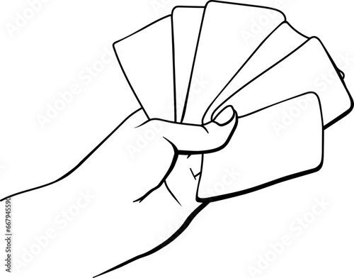 Hands holding cards (poker, blackjack), Tarot card reading, winning move, linear drawing, vector.