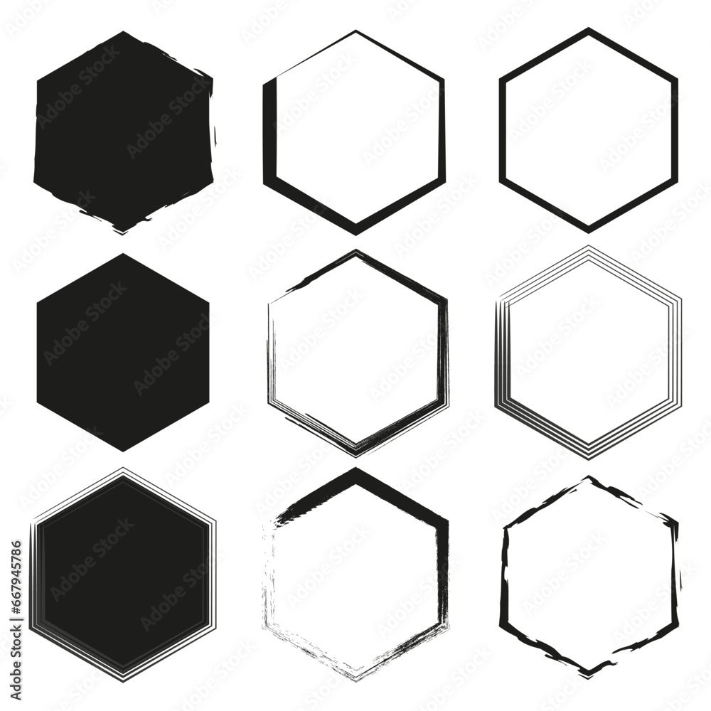Brush hexagons. Brush texture. Geometric element. Circle geometric shape. Vector illustration.