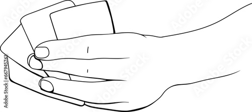 Hands holding cards (poker, blackjack), Tarot card reading, winning move, linear drawing, vector.