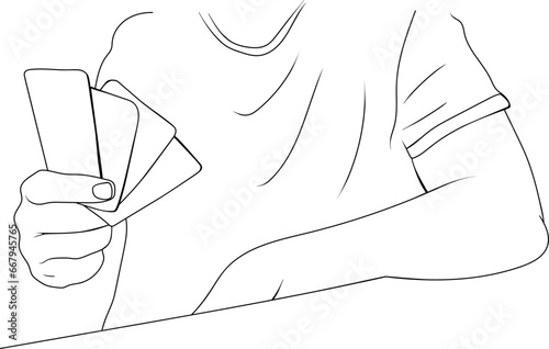 Hands holding cards (poker, blackjack), Tarot card reading, linear drawing, vector.